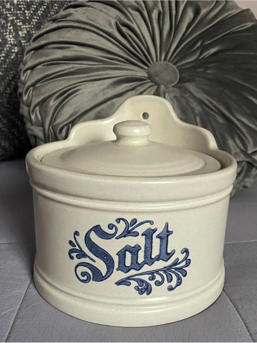 Pfalzgraff Yorktown Floral Ceramic Salt Crock with Lid - Blue Lettering